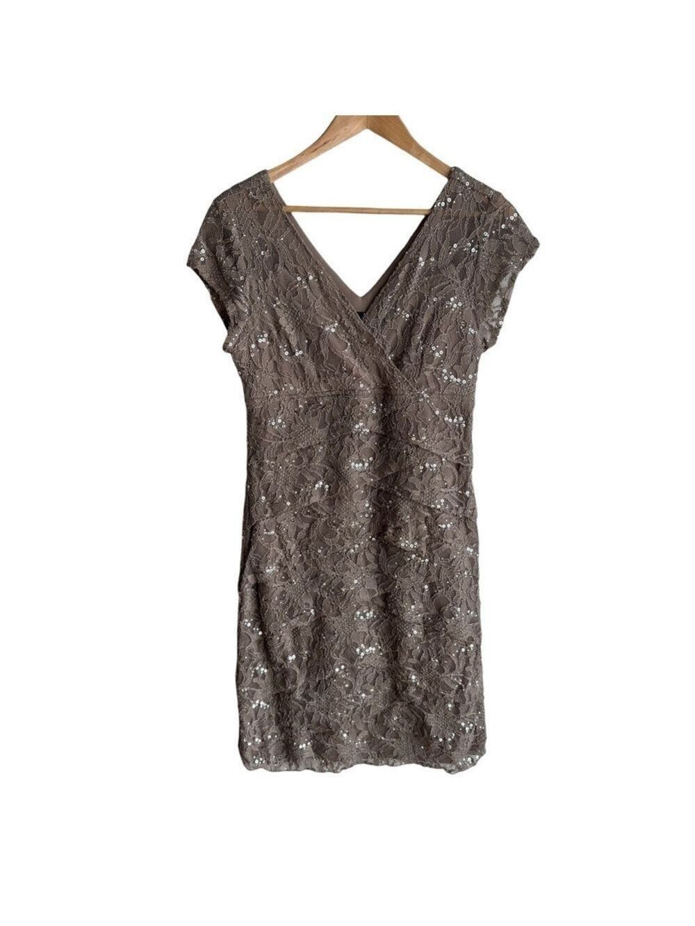 Scarlett Nite Tiered Lace Cocktail Dress Sz 12 Dusty Rose Sequin Knee Length EUC